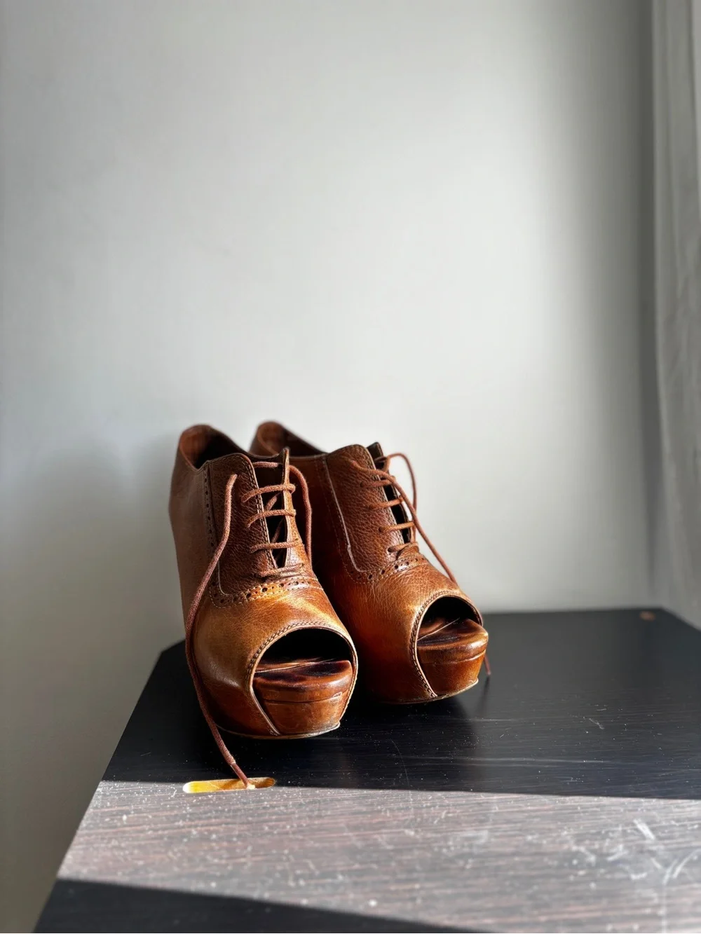 Zara Brown Leather Peep-Toe Wedge Booties rare style real leather